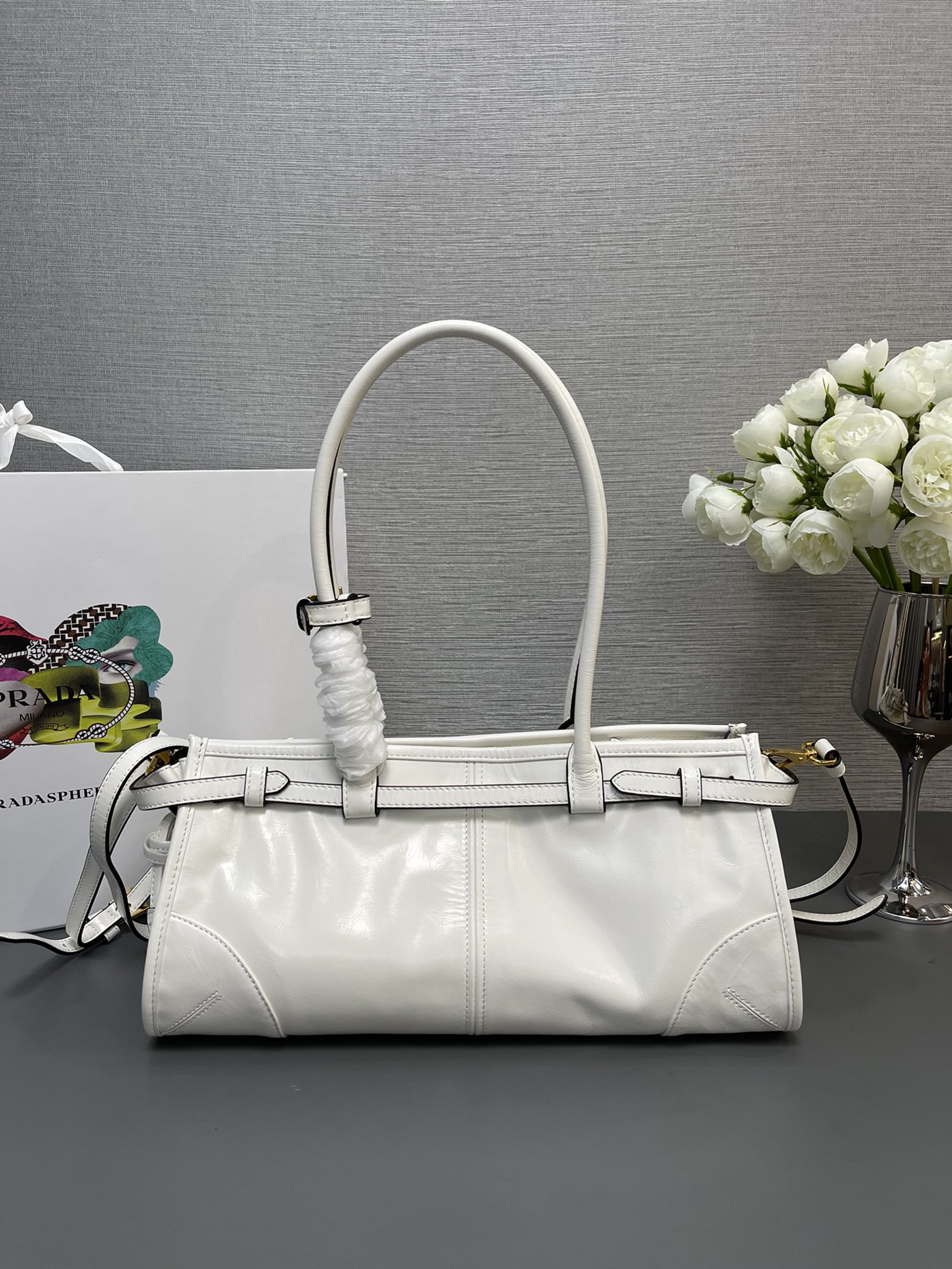 Prada Medium LusSolf Leather Handbag Bag Tote White 1BA426